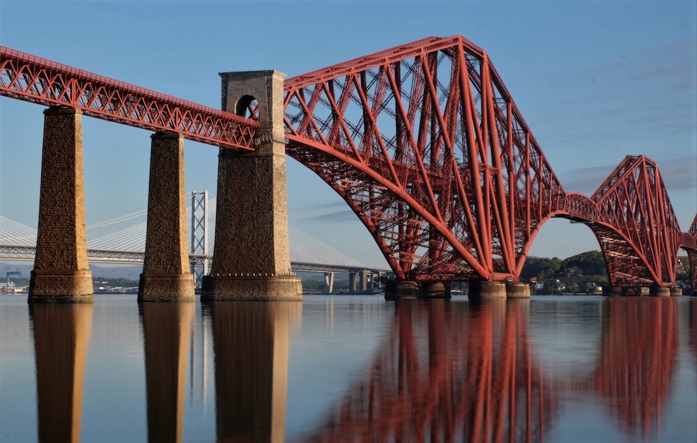 red painted steel bridge